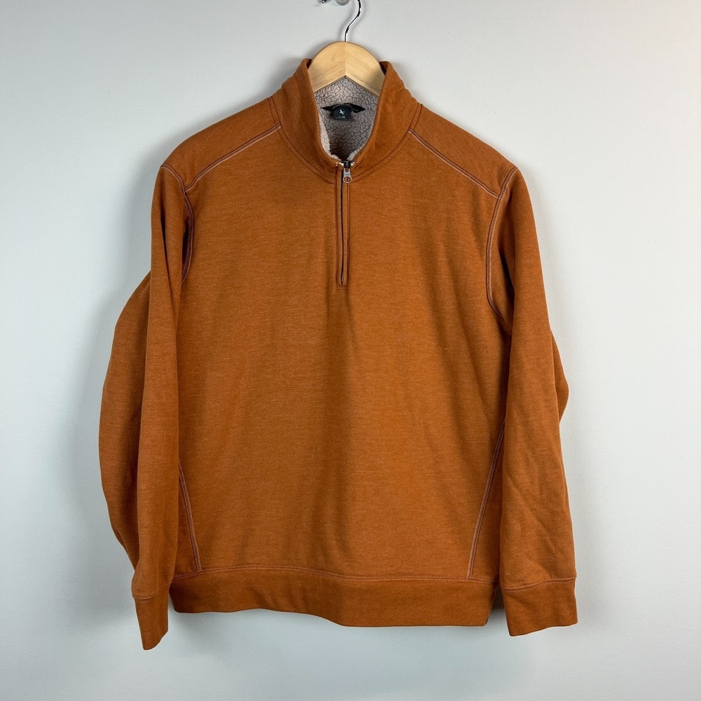Eddie Bauer 1/4 Zip Pullover Sweater Shearling Lined Mens Medium Orange Classic